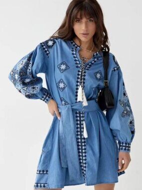 Boho casual Embroidered Dress jeans Blue Boho M